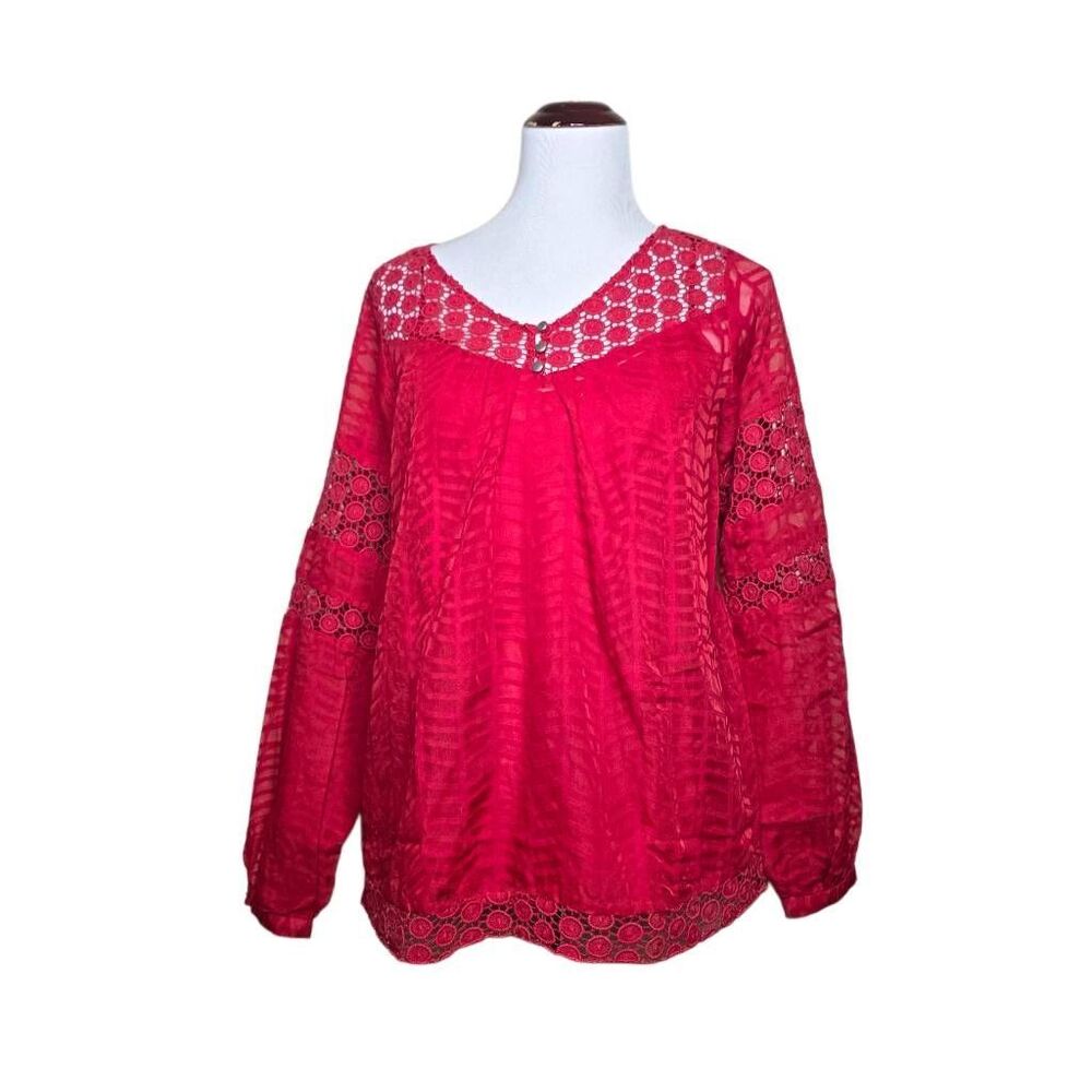 Calvin Klein Lace Blouse Long Sleeve V-Neck Sheer Overlay Red Small